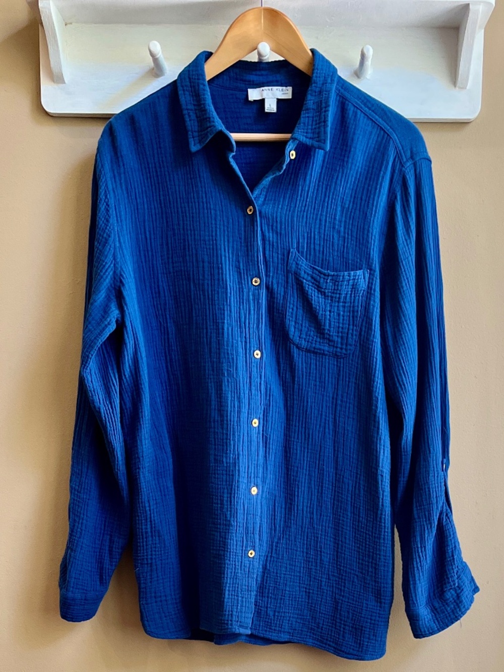 Anne Klein Jeans Estate Blue Double Gauze Roll-Tab Button Down Shirt L
